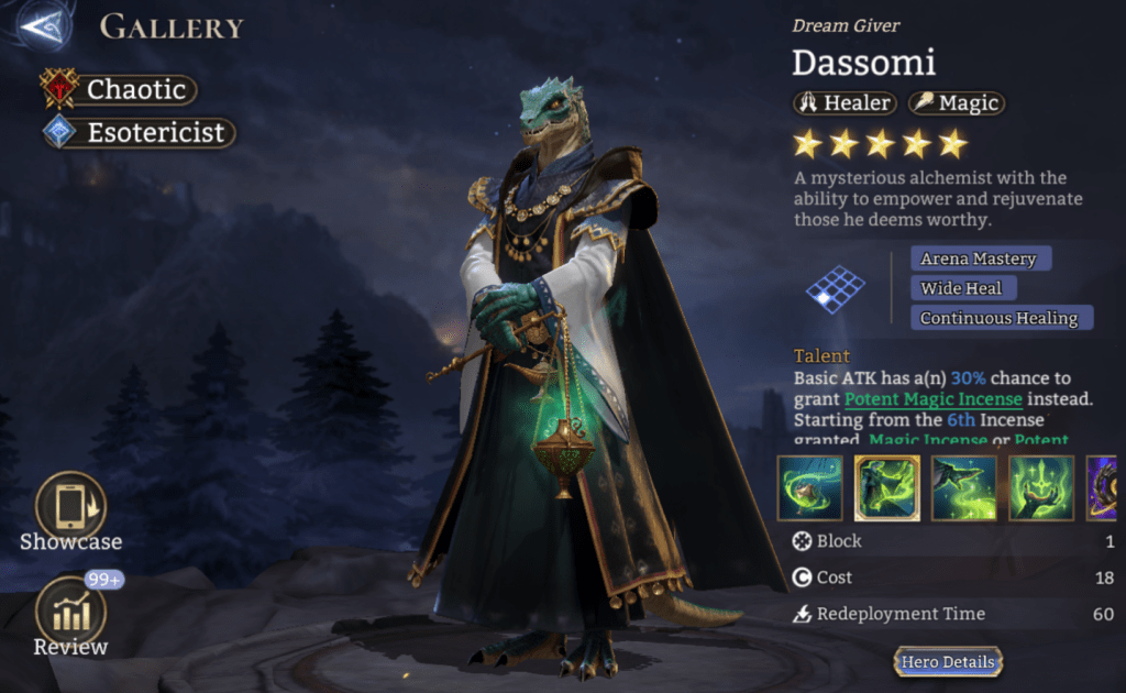 Chaotic, Esotericist, Dassomi, Healer, Magic, Arena Mastery, Wide Heal, Continuous Heal, Potent Magic Incense, Magic Incense, Legendary, 