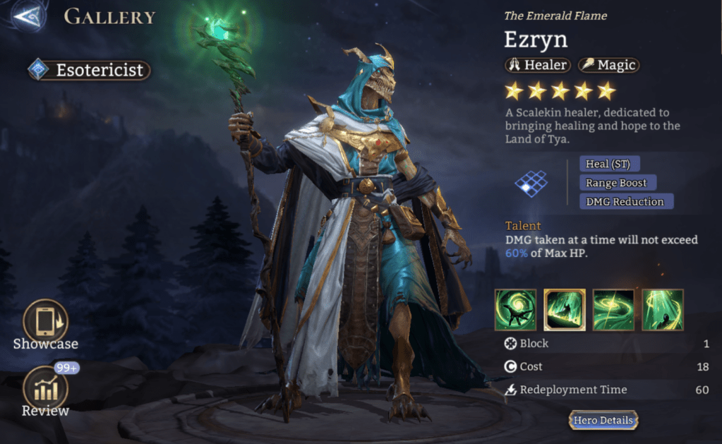 Esotericist, Ezryn, Healer, Magic, Heal (ST), Range Boost, DMG Reduction, ATK-Based Healing, Legendary, 