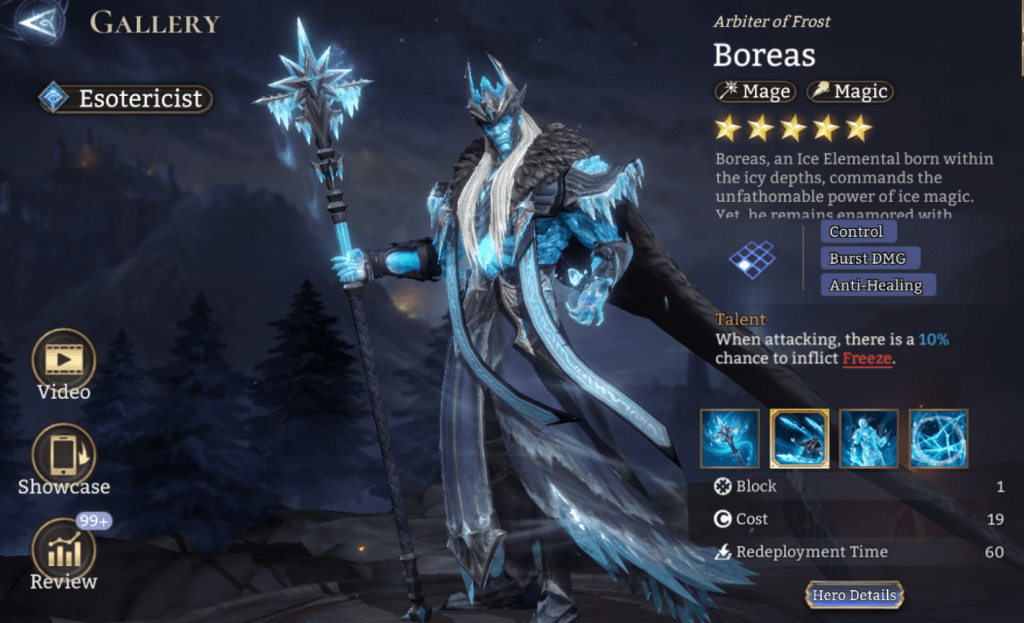 Esotericist, Boreas, Mage, Magic, Control, Burst DMG, Anti-Healing, Freeze, Eternal Icehaven, Freeze, Legendary,
