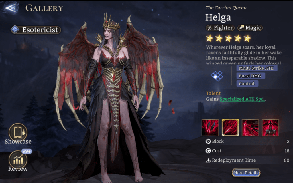 Esotericist, Helga, Fighter, Magic, Multi-Strike ATK, Burst DMG, Control, Specialized ATK Spd, Stun, , Legendary, M. RES Reduction