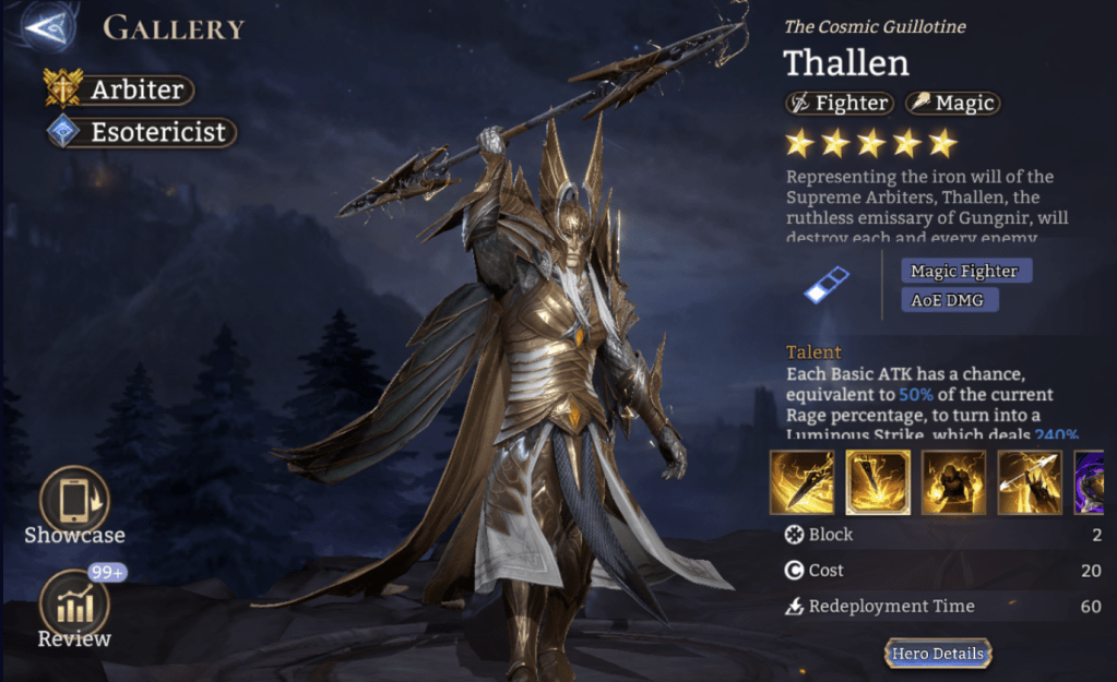 Arbiter, Esotericist, Thallen, Fighter, Magic, Magic Fighter, AoE DMG, M. RES Reduction, Radiant Erosion, Legendary, Stun, 