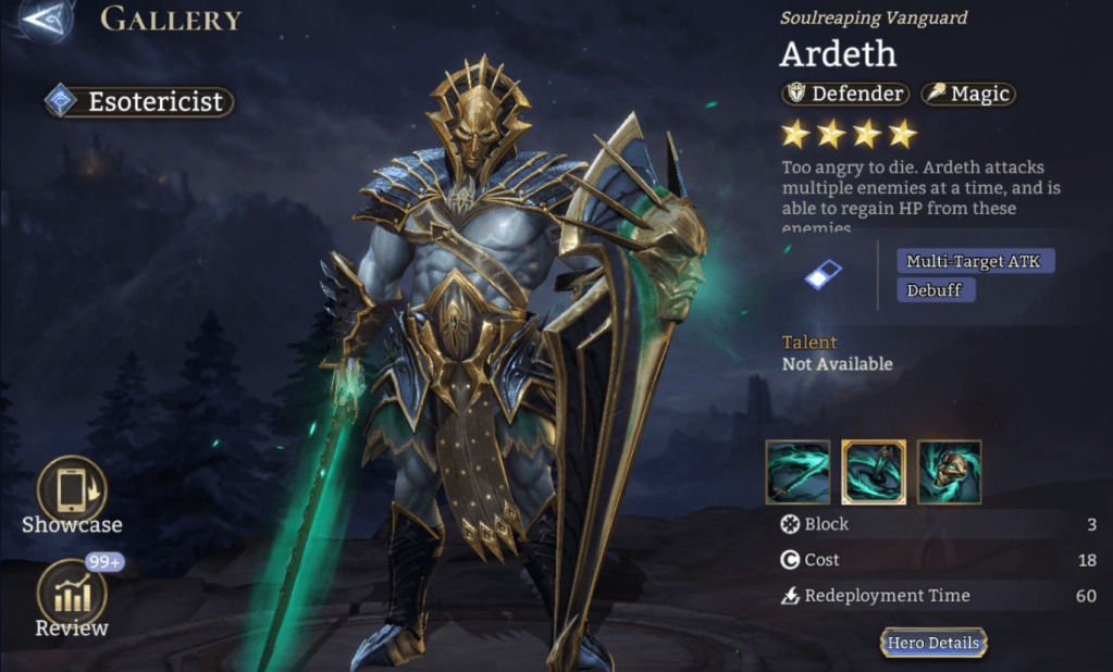 Esotericist, Ardeth, Defender, Magic, Multi-Target ATK, Debuff, Stun, Realm of Curse, Vulnerability (M. DMG), Epic, 