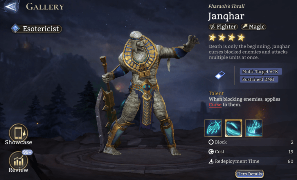 Esotericist, Janqhar, Fighter, Magic, Multi-Target ATK, Sustained DMG, Curse, Immobilized State, Vulnerability (M. DMG), Epic, 