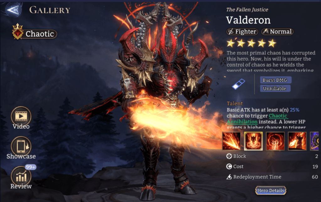 Chaotic, Valderon, Fighter, Normal, Burst DMG, Unkillable, Chaotic Annihilation, Chaotic Vitality, Potent Surge, Vulnerability (P. DMG), Karma of Fallen, Arena Mastery, Lord Skill, Lord, Power of Chaos, Legendary, 