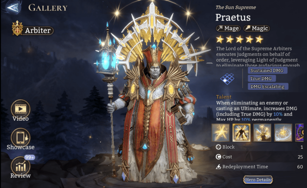 Arbiter, Praetus, Mage, Magic, Sustained DMG, True DMG, DMG Escalating, Radiant Erosion, Chain of Fate, Light of Judgement, Arena Mastery, Lord Skill, Supreme Divinity III, Legendary, 