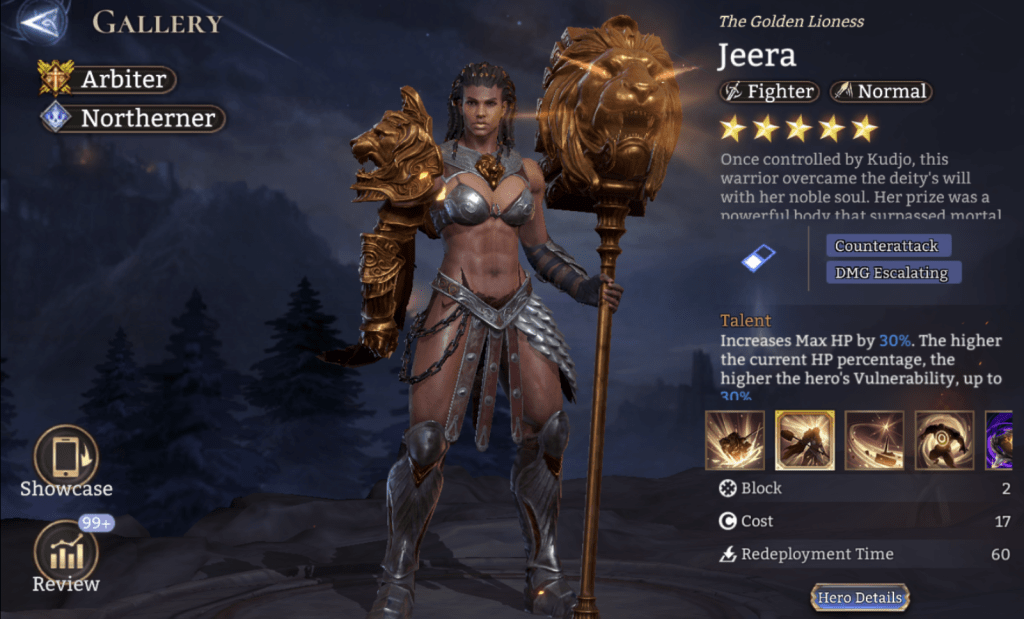 Arbiter, Northerner, Jeera, Fighter, Normal, Counterattack, DMG Escalating, Retribution, Arena Mastery, Radiant Erosion, Stun, Legendary, 